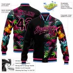Personalized Hawaii Palm Trees Bomber Jacket Pink-Light Blue 3D Pattern Full-Snap Varsity Letterman Personalized Black Pink-Light