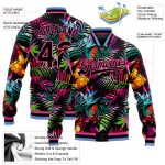 Custom Name Number Bomber Jacket Personalized 3D Pink Light Blue Hawaii Palm Trees Varsity Full-Snap Design Team Apparel