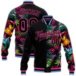 Personalized Hawaii Palm Trees Bomber Jacket Pink-Light Blue 3D Pattern Full-Snap Varsity Letterman Personalized Black Pink-Light