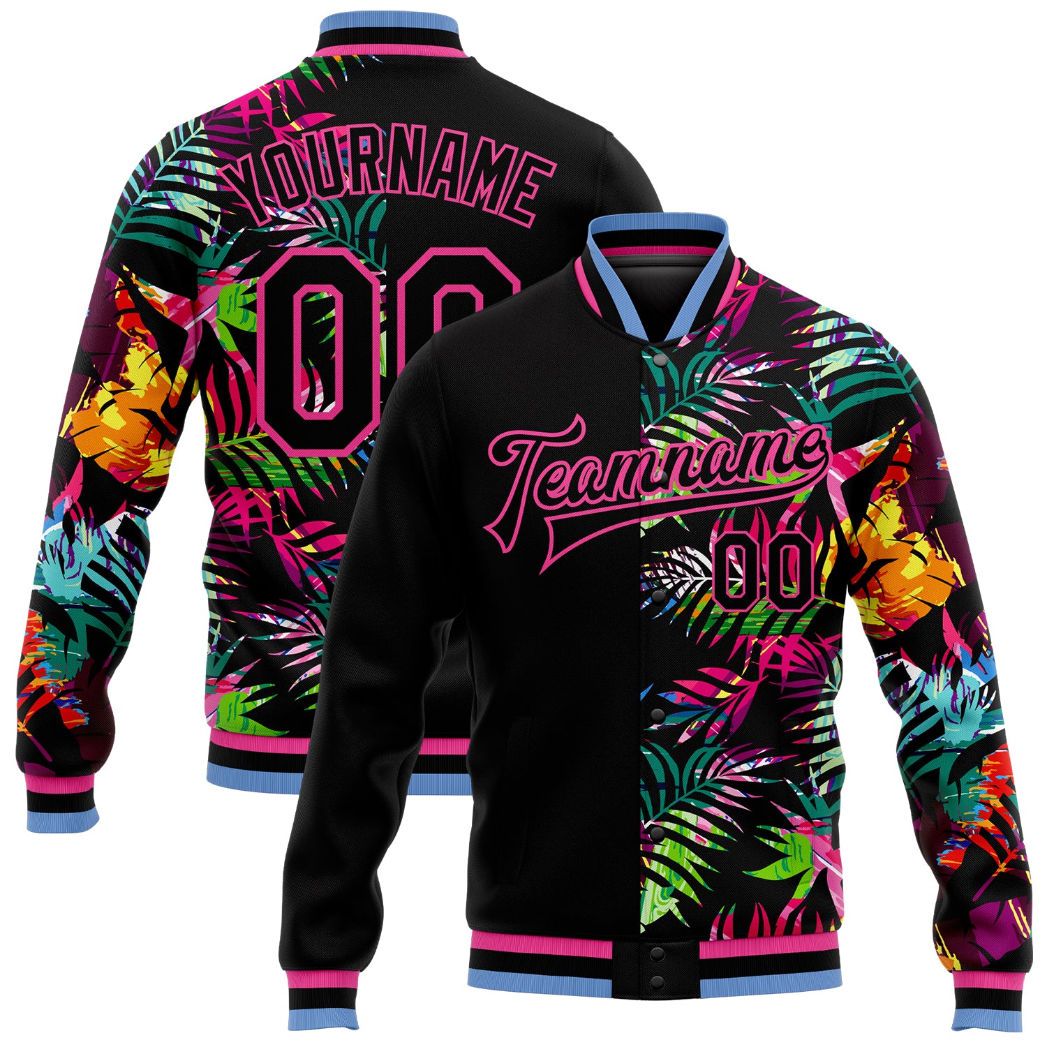 Personalized Hawaii Palm Trees Bomber Jacket Pink-Light Blue 3D Pattern Full-Snap Varsity Letterman Personalized Black Pink-Light