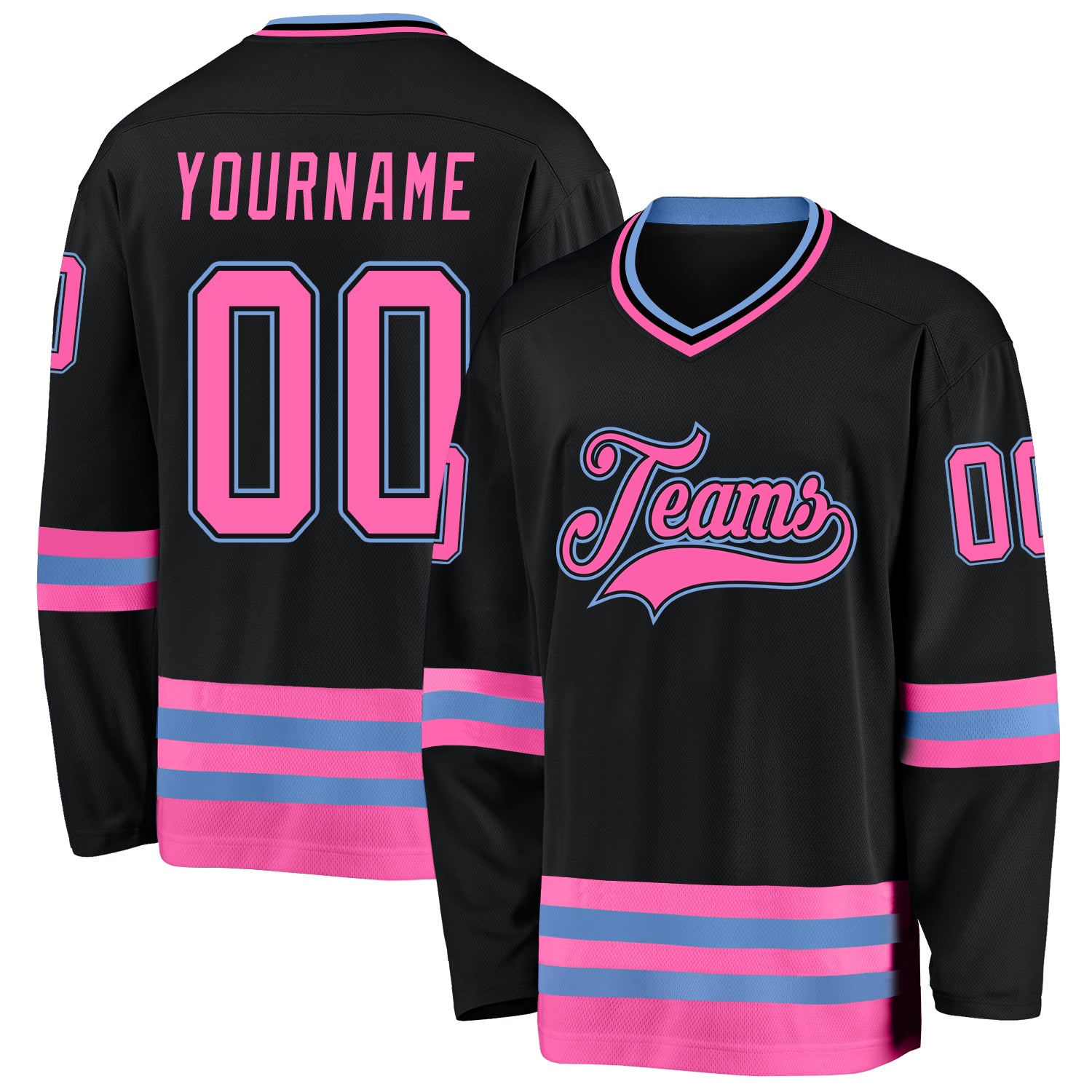 Custom Name and Number Personalized Hockey Jersey in Black and Light Blue Personalized Black Pink-Light Blue Hockey Jersey