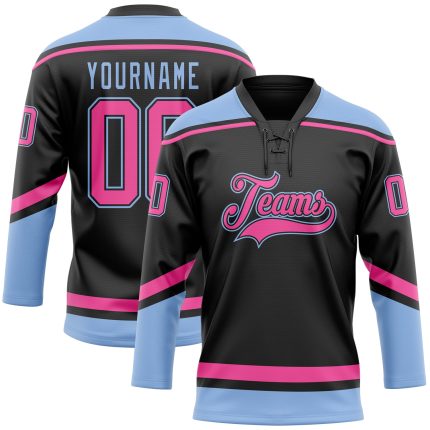 Personalized Black Pink Light Blue Lace Neck Jersey for Hockey Personalized Black Pink-Light Blue Hockey Lace Neck Jersey