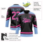 Personalized Hockey Jersey with Custom Name & Number, Black Pink-Light Blue Lace Neck Design, Team Apparel Personalized Black