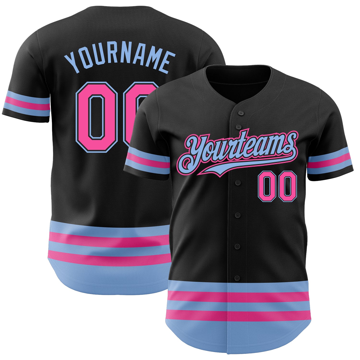 Personalized Black and Pink Baseball Jersey with Light Blue Line Design Personalized Black Pink-Light Blue Line Baseball