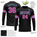 Custom Name & Number Personalized Long Sleeve Performance T-Shirt in Black & Pink-Light Blue Personalized Black Pink-Light
