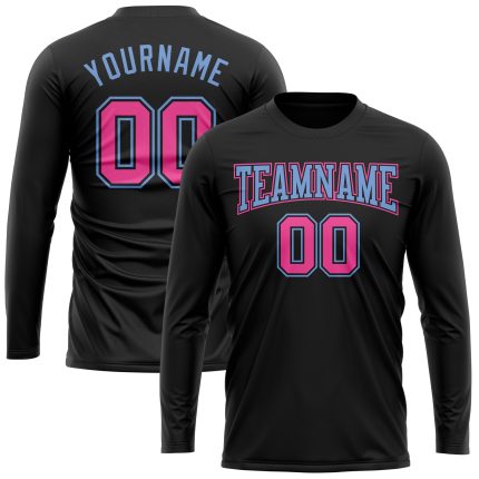 Custom Name & Number Personalized Long Sleeve Performance T-Shirt in Black & Pink-Light Blue Personalized Black Pink-Light