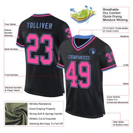 Custom Black Pink Light Blue Mesh Football Jersey Personalized Name Number Authentic Throwback Personalized Black Pink-Light