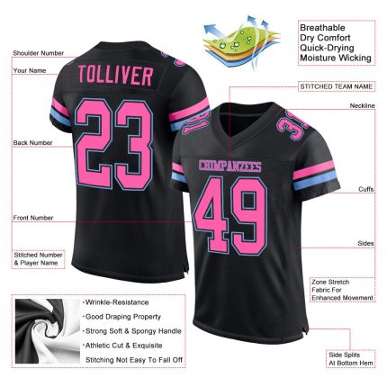 Personalized Black Pink-Light Blue Football Jersey - Custom Mesh Sports Apparel Personalized Black Pink-Light Blue Mesh Football