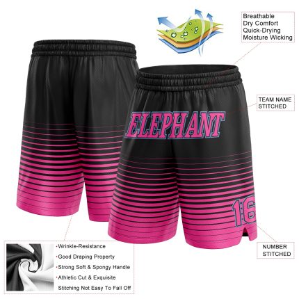 Custom Black Pink-Light Blue Pinstripe Fade Basketball Shorts with Name and Number - Authentic Team Apparel Personalized