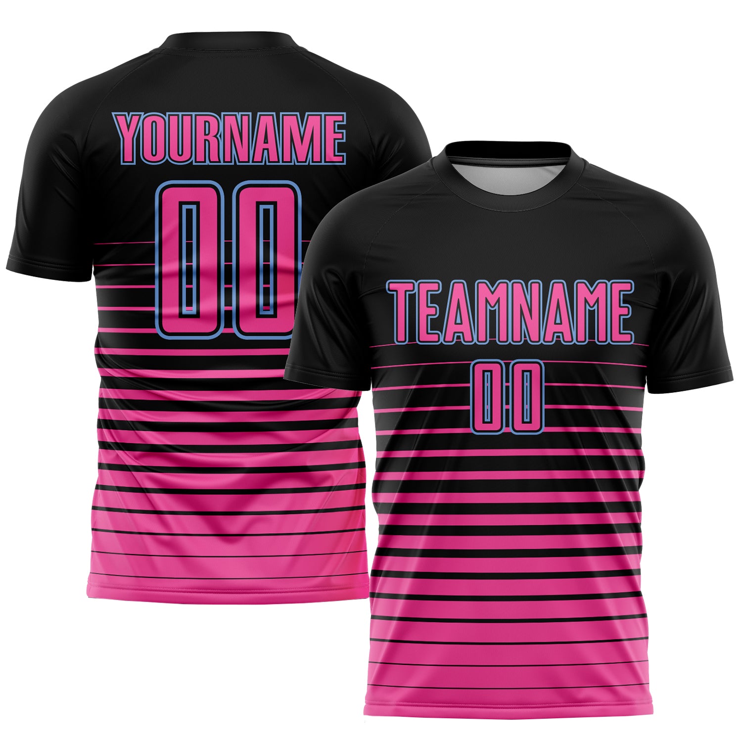 Personalized Soccer Jersey with Custom Name & Number, Black Pink-Light Blue Pinstripe Fade Fashion Uniform Personalized Black