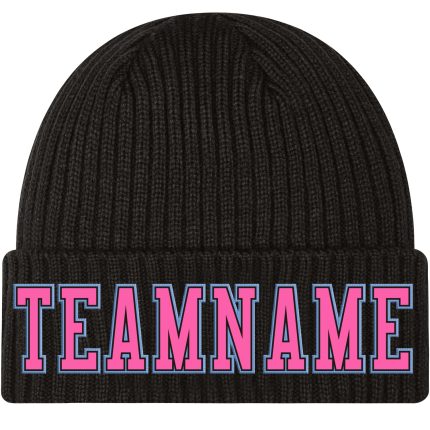 Personalized Pink Light Blue Cuffed Knit Hat for Winter - Black Stitched Beanie Personalized Black Pink-Light Blue Stitched