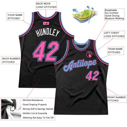 Personalized Basketball Jersey, Black Pink-Light Blue Retro Design, Custom Sports Apparel Personalized Black Pink-Light Blue
