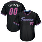 Personalized Black Pink Light Blue Throwback Baseball Jersey Shirt - Rib-Knit Style Personalized Black Pink-Light Blue Throwback