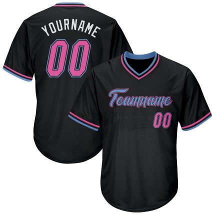 Personalized Black Pink Light Blue Throwback Baseball Jersey Shirt - Rib-Knit Style Personalized Black Pink-Light Blue Throwback