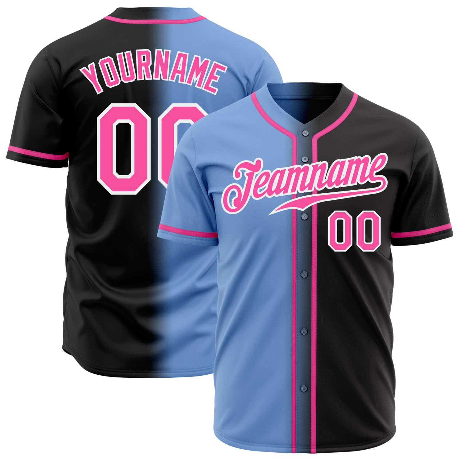 Personalized Black Pink Light Blue White Gradient Baseball Jersey Fashion Personalized Black Pink Light Blue-White Gradient