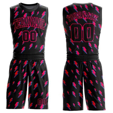Custom Name and Number Basketball Jersey - Personalized Black Pink Lightning Shapes Round Neck Sublimation Suit Personalized