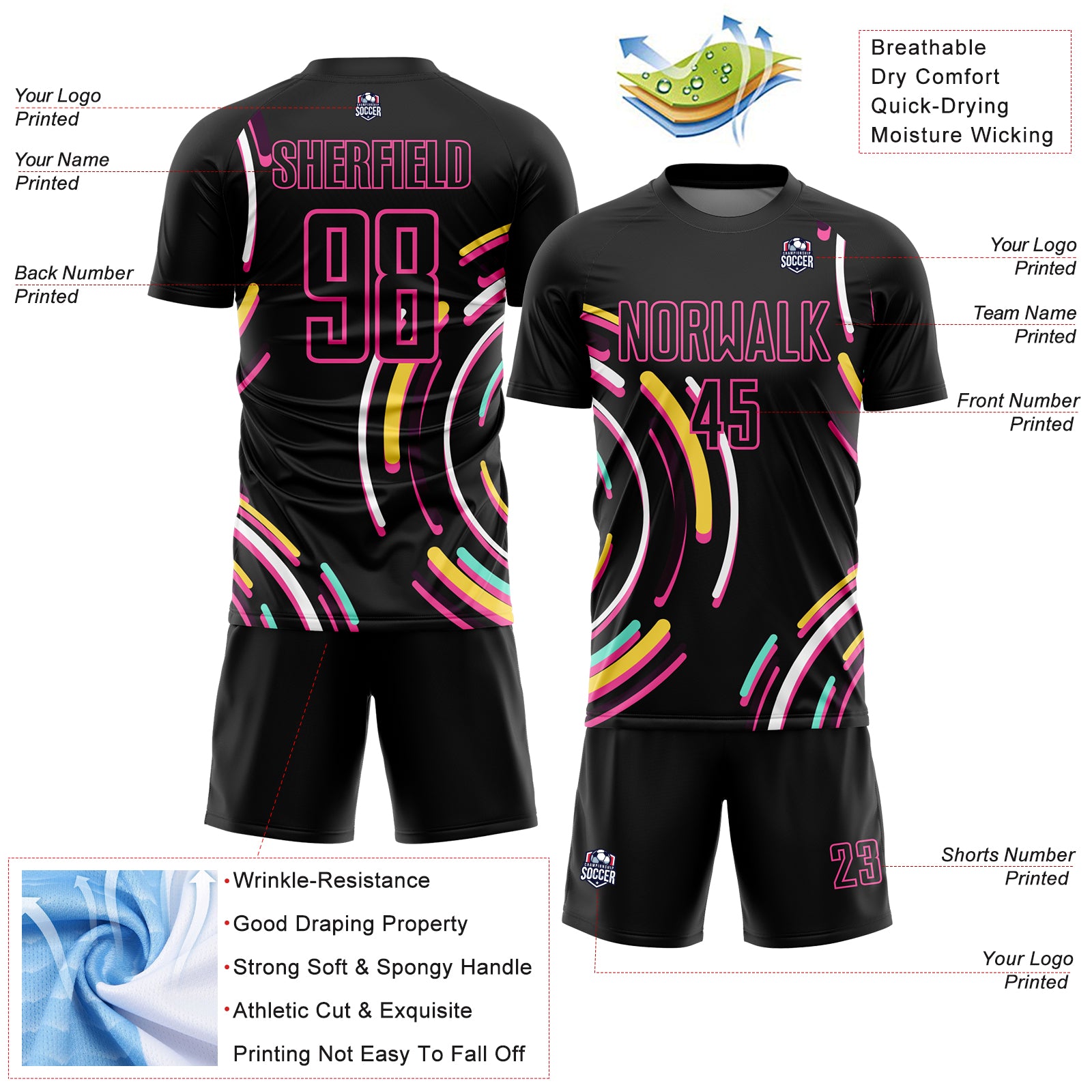 Personalized Black Pink Lines Sublimation Soccer Uniform Jersey Personalized Sublimation Soccer Jersey with Black Pink Lines Design Personalized Black Pink Lines Sublimation Soccer Uniform - Image 4