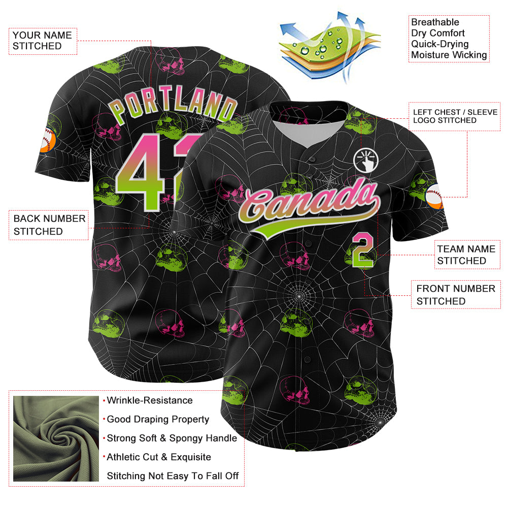 Personalized Black Pink-Neon Green 3D Gothic Style Fluorescence Skull Authentic Baseball Jersey Team Custom Name and Number Personalized Skull Baseball Jersey in Black Pink Neon Green 3D Gothic Style with Custom Name and Number Personalized Black - Image 3