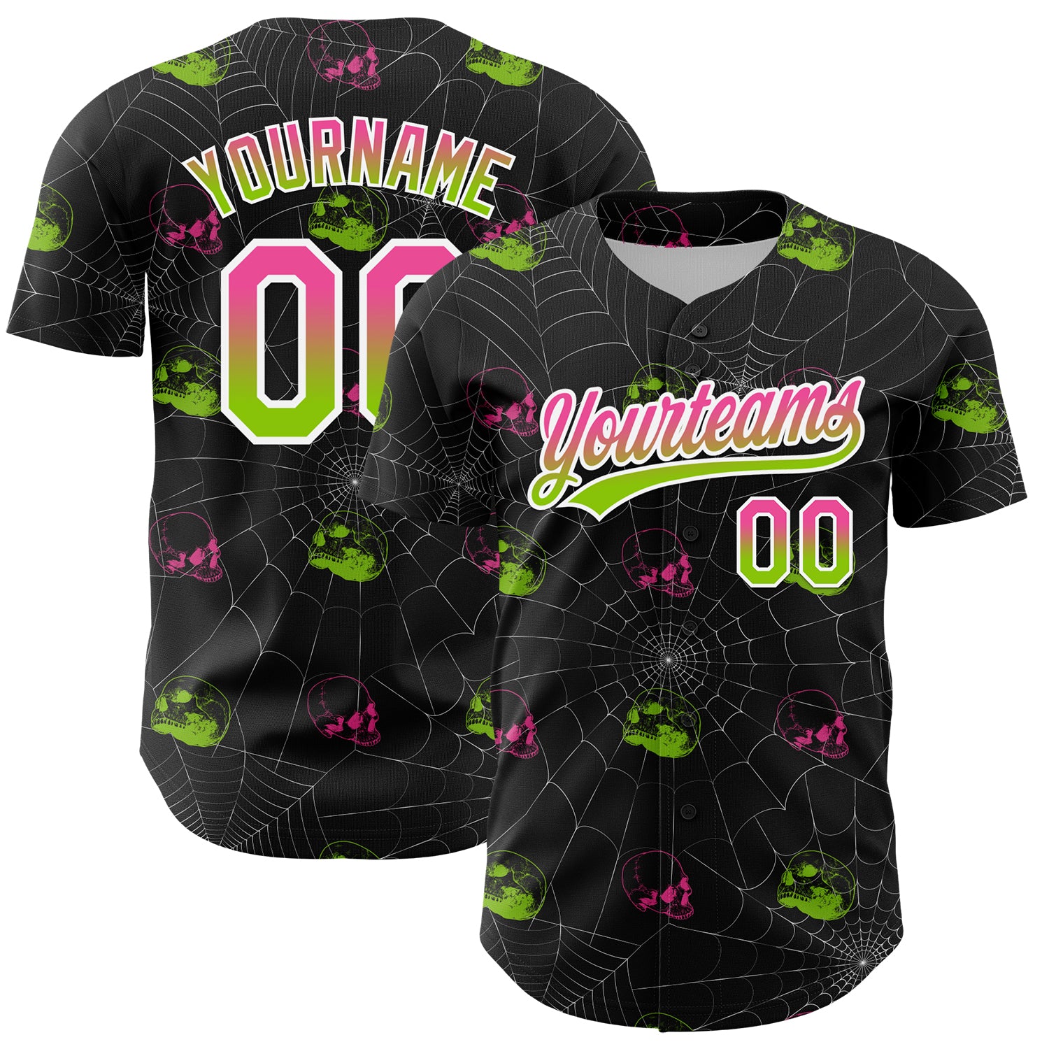 Personalized Fluorescent Skull Baseball Jersey in Black and Pink-Neon Green 3D Gothic Style Personalized Black Pink-Neon