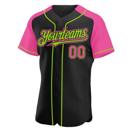 Personalized Baseball Jersey with Custom Name and Number, Black Pink-Neon Green Authentic Raglan Sleeves Personalized Black