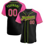 Personalized Baseball Jersey with Custom Name and Number, Black Pink-Neon Green Authentic Raglan Sleeves Personalized Black