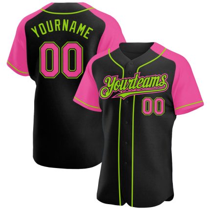 Personalized Baseball Jersey with Custom Name and Number, Black Pink-Neon Green Authentic Raglan Sleeves Personalized Black