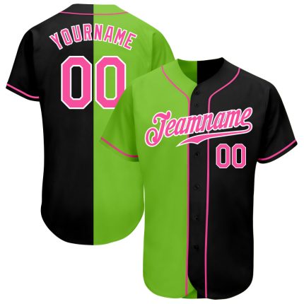Custom Baseball Jersey with Personalized Name and Number in Black Pink-Neon Green Authentic Split Style Personalized Black