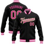 Personalized Black Pink Neon Green Varsity Letterman Bomber Jacket - Full-Snap Style Personalized Black Pink-Neon Green Bomber
