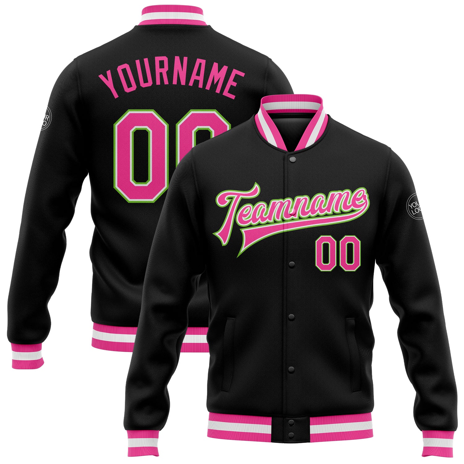 Personalized Black Pink Neon Green Varsity Letterman Bomber Jacket - Full-Snap Style Personalized Black Pink-Neon Green Bomber