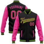 Personalized Black Pink Neon Green Varsity Letterman Bomber Jacket Full-Snap Personalized Black Pink-Neon Green Bomber Full-Snap