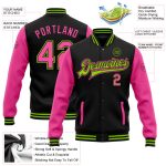 Personalized Black Pink Neon Green Varsity Letterman Bomber Jacket Full-Snap Personalized Black Pink-Neon Green Bomber Full-Snap
