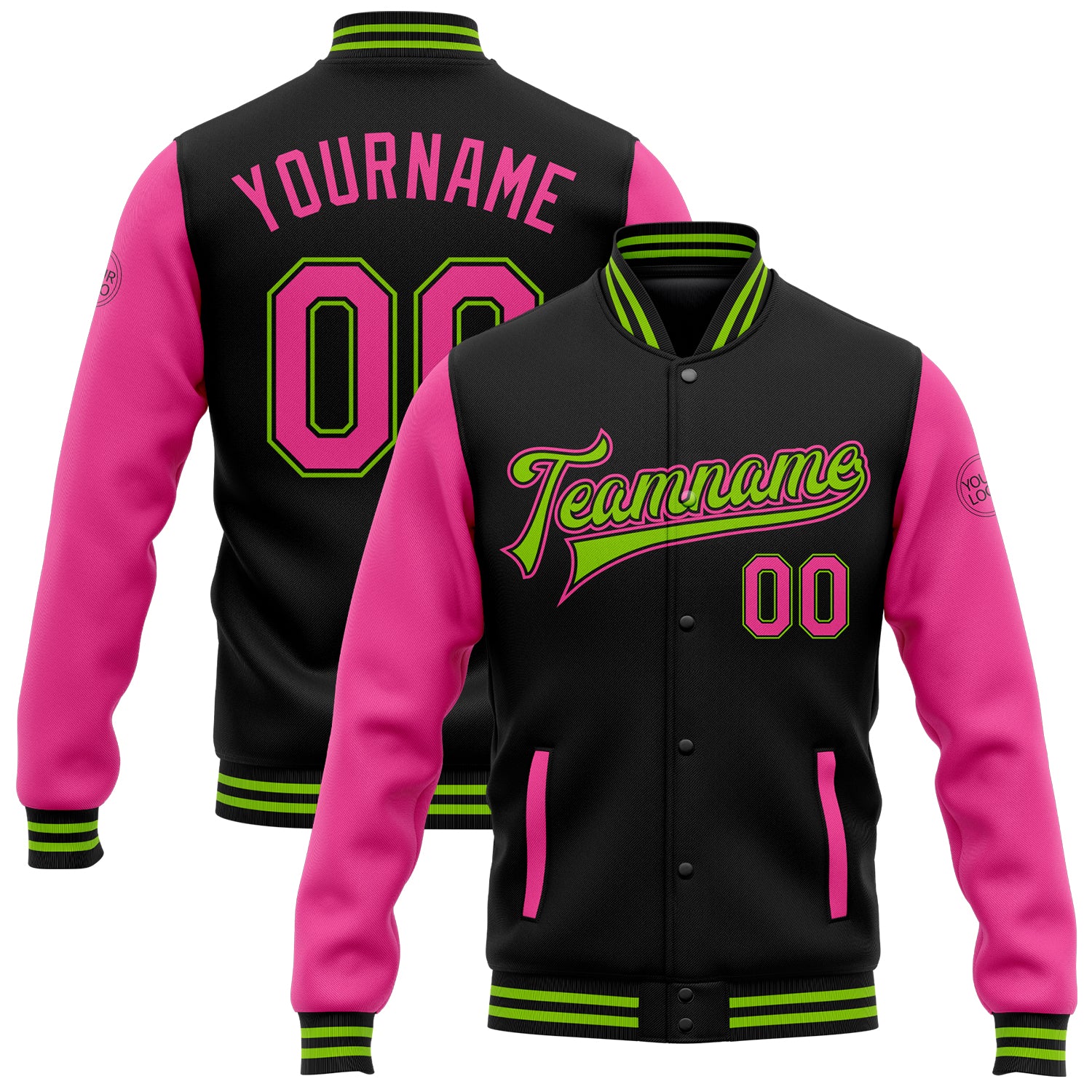 Custom Two Tone Varsity Letterman Jacket - Black Pink Neon Green Bomber with Personalized Name & Number Personalized Black