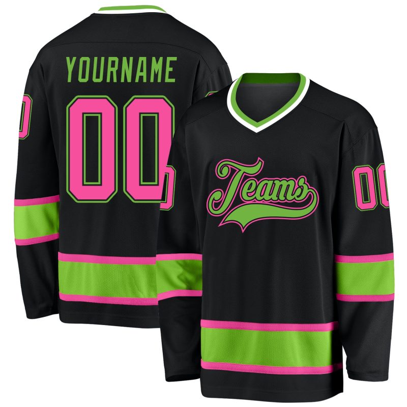 Custom Name and Number Personalized Black Pink Neon Green Hockey Jersey Personalized Black Pink-Neon Green Hockey Jersey