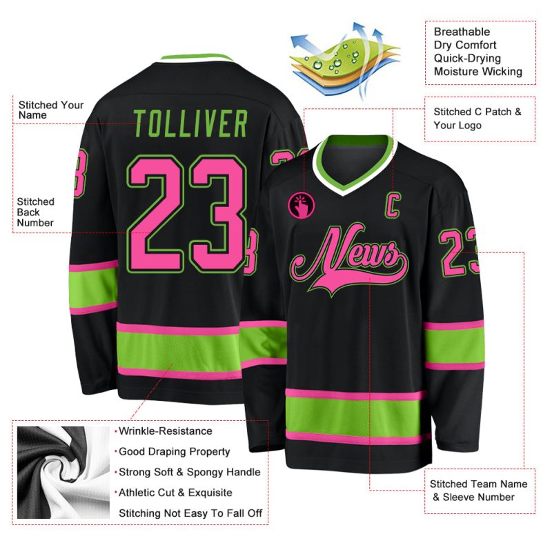 Custom Name and Number Personalized Black Pink Neon Green Hockey Jersey Personalized Black Pink-Neon Green Hockey Jersey