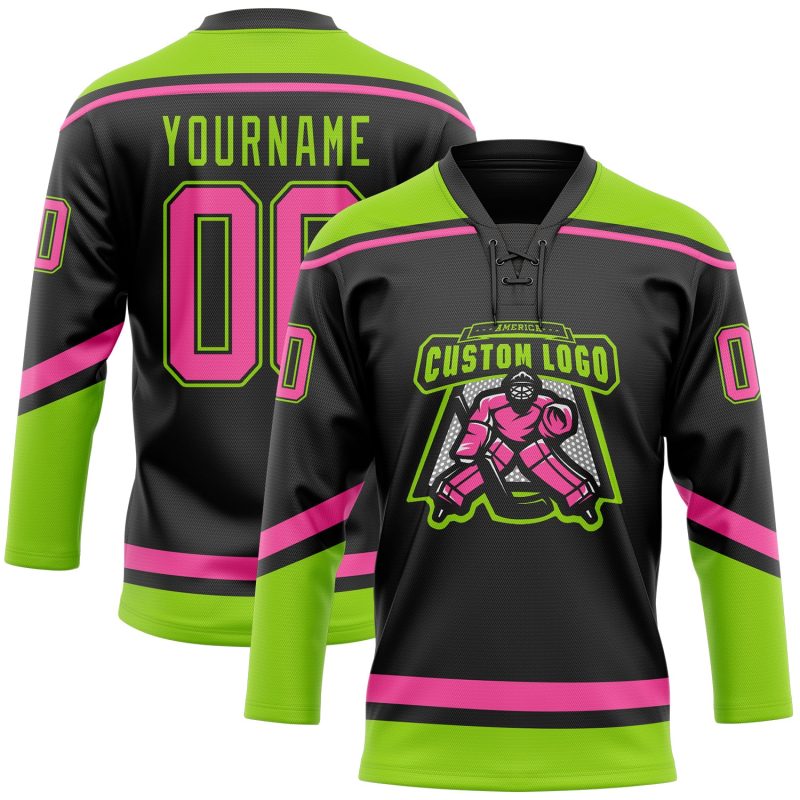Personalized Neon Green Pink Hockey Lace Neck Jersey - Custom Sports Apparel Personalized Black Pink-Neon Green Hockey Lace