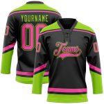 Personalized Neon Green Pink Hockey Lace Neck Jersey - Custom Sports Apparel Personalized Black Pink-Neon Green Hockey Lace