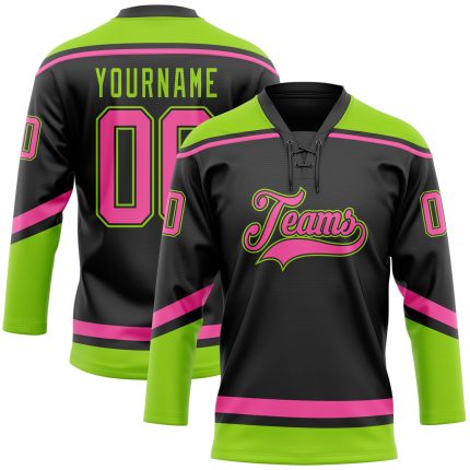 Personalized Neon Green Pink Hockey Lace Neck Jersey - Custom Sports Apparel Personalized Black Pink-Neon Green Hockey Lace