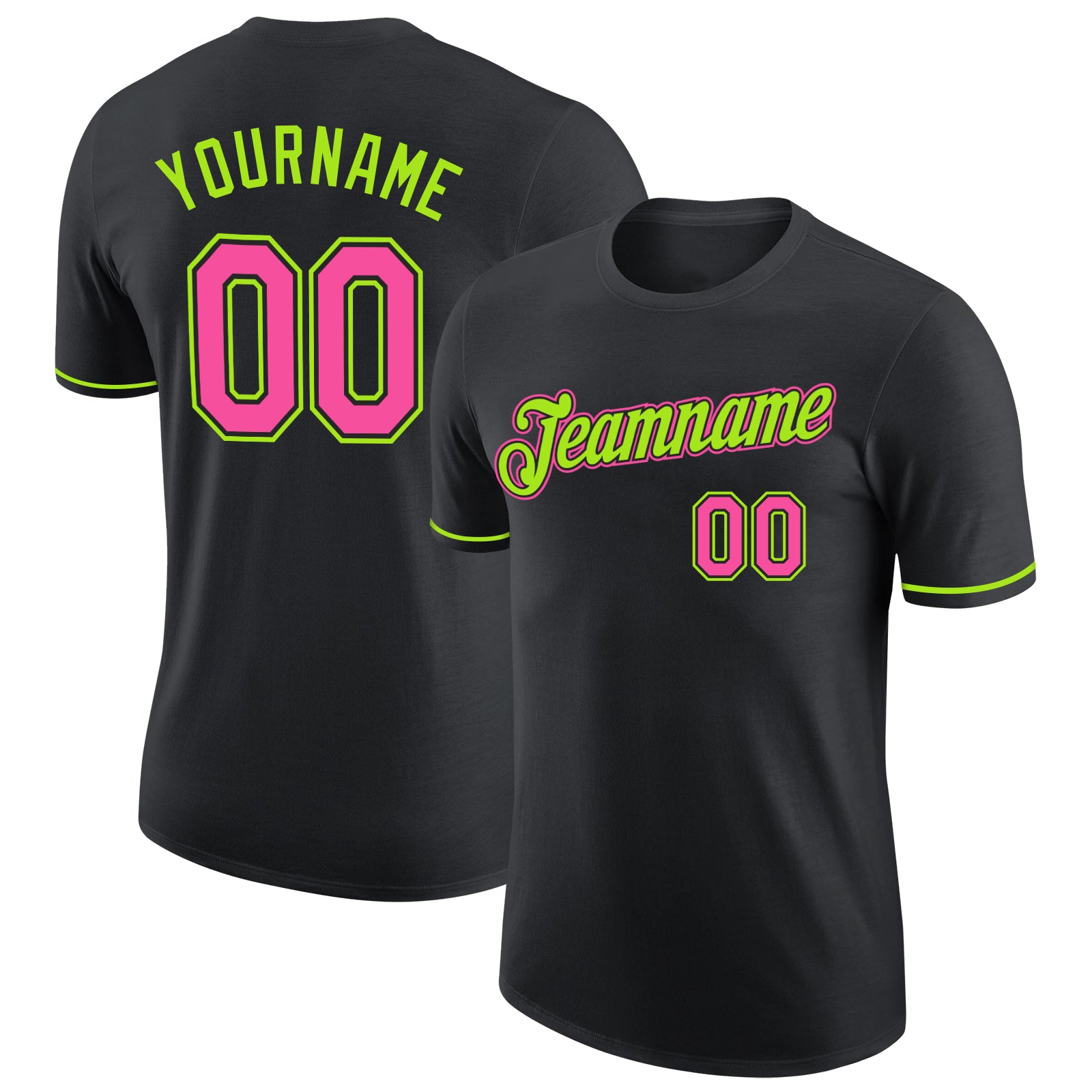 Custom Personalized Team T-Shirt with Name and Number in Black Pink-Neon Green Performance Fabric Personalized Black Pink-Neon