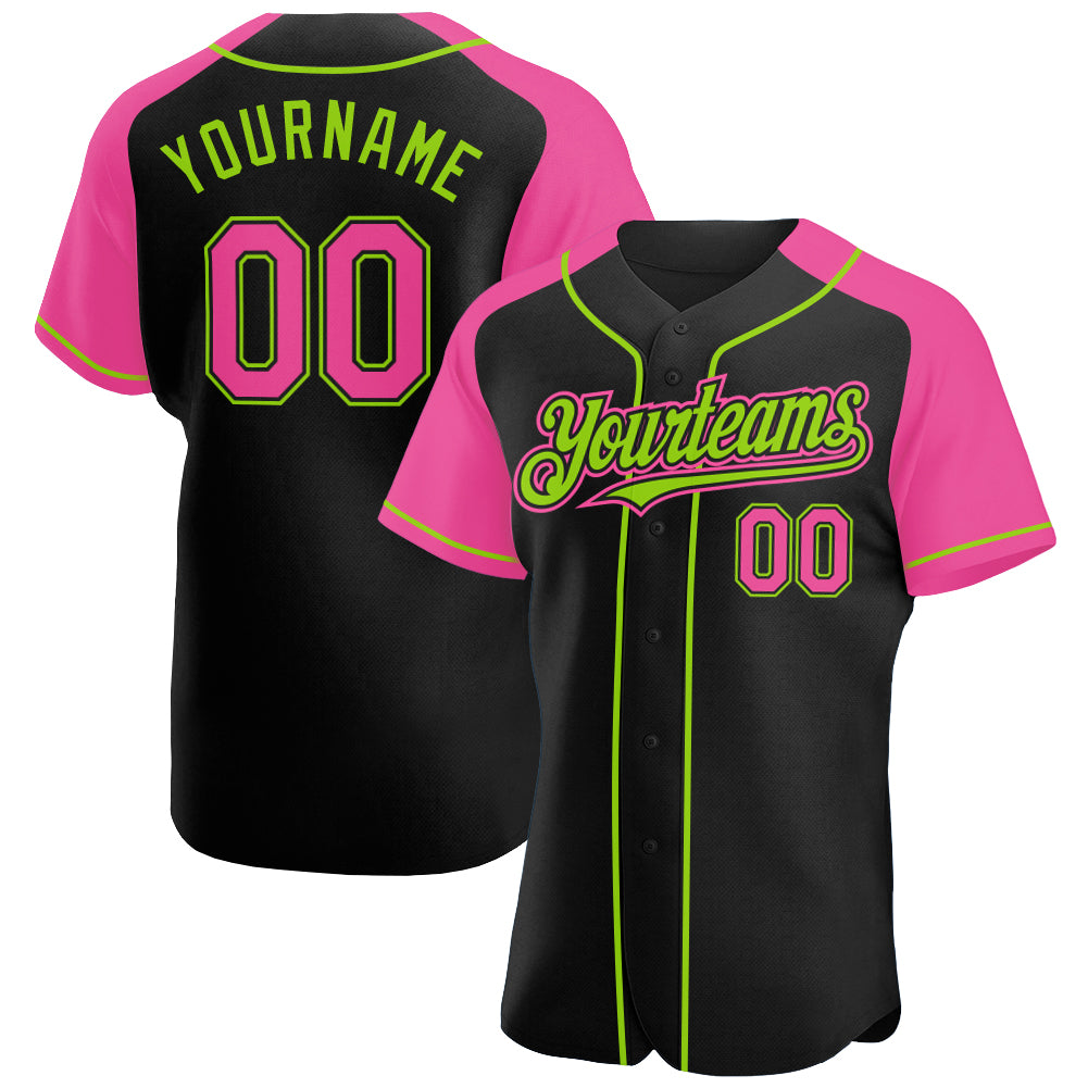 Personalized Black Pink Neon Green Baseball Jersey with Raglan Sleeves Personalized Black Pink-Neon Green Raglan Sleeves
