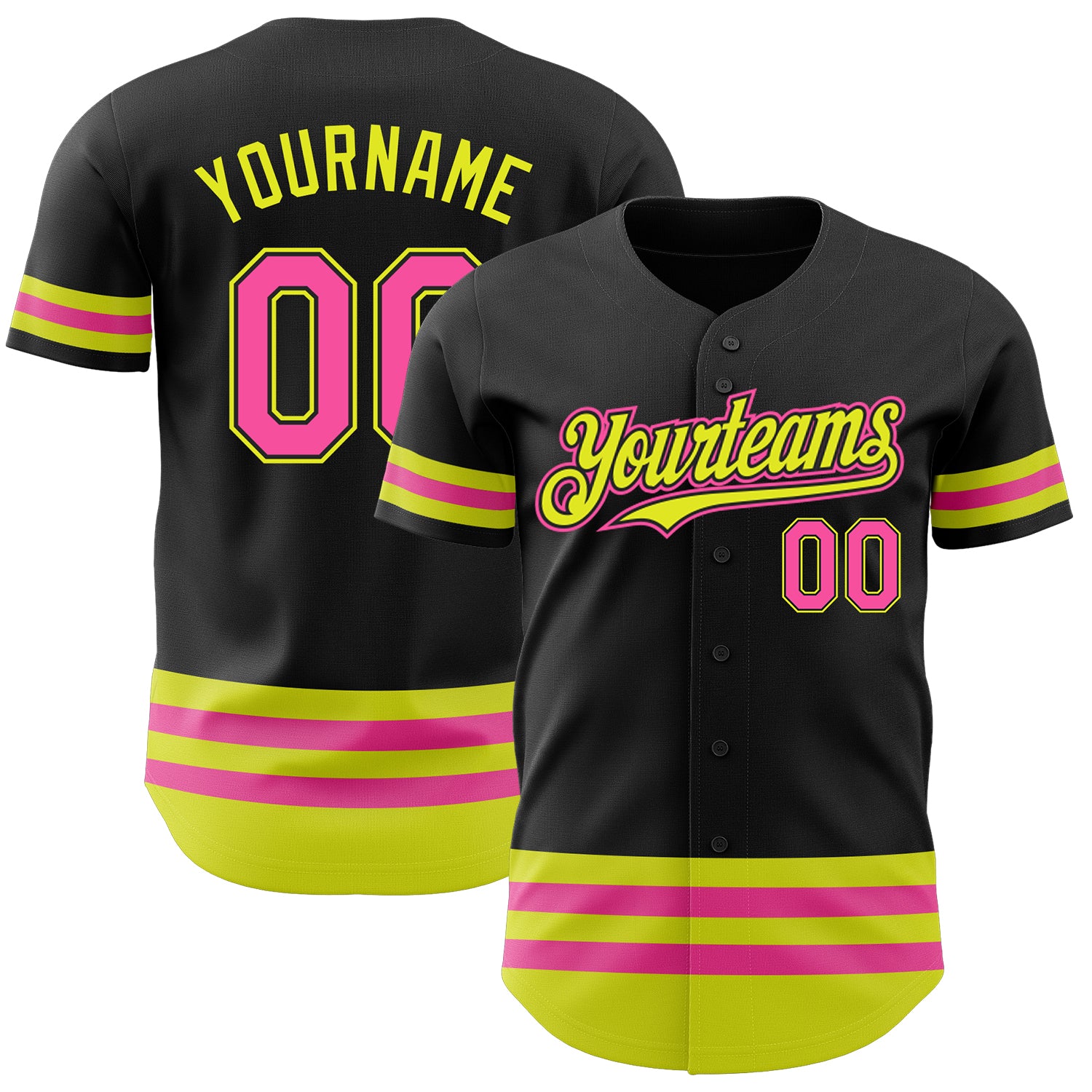 Custom Name Number Personalized Black Pink-Neon Yellow Line Baseball Jersey - Authentic Team Apparel Personalized Black Pink-Neon