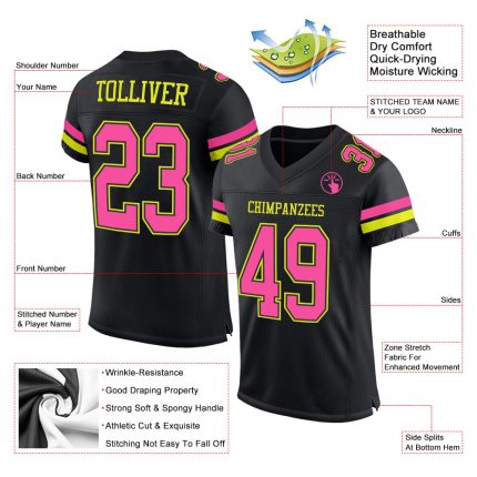 Custom Black Pink-Neon Yellow Mesh Football Jersey with Personalized Name and Number - Authentic Team Apparel Personalized