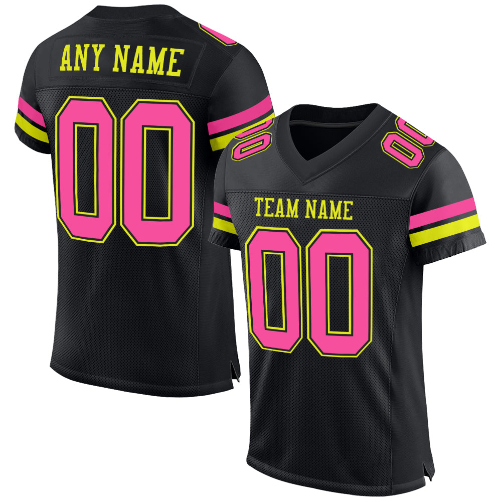 Personalized Black Neon Yellow Mesh Football Jersey for Custom Sportswear Personalized Black Pink-Neon Yellow Mesh Football