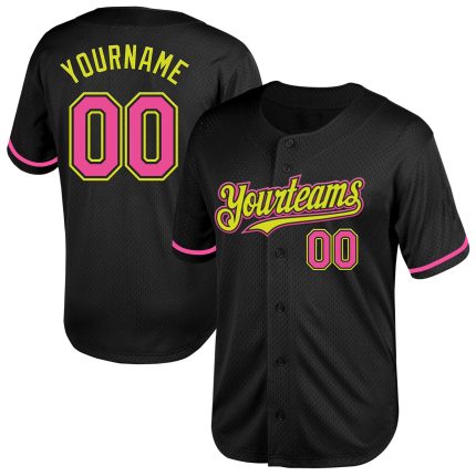 Personalized Black Neon Yellow Mesh Baseball Jersey Throwback Style Personalized Black Pink-Neon Yellow Mesh Throwback Baseball
