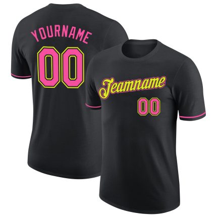 Custom Black Neon Yellow Performance T-Shirt for Men and Women Personalized Black Pink-Neon Yellow Performance T-Shirt