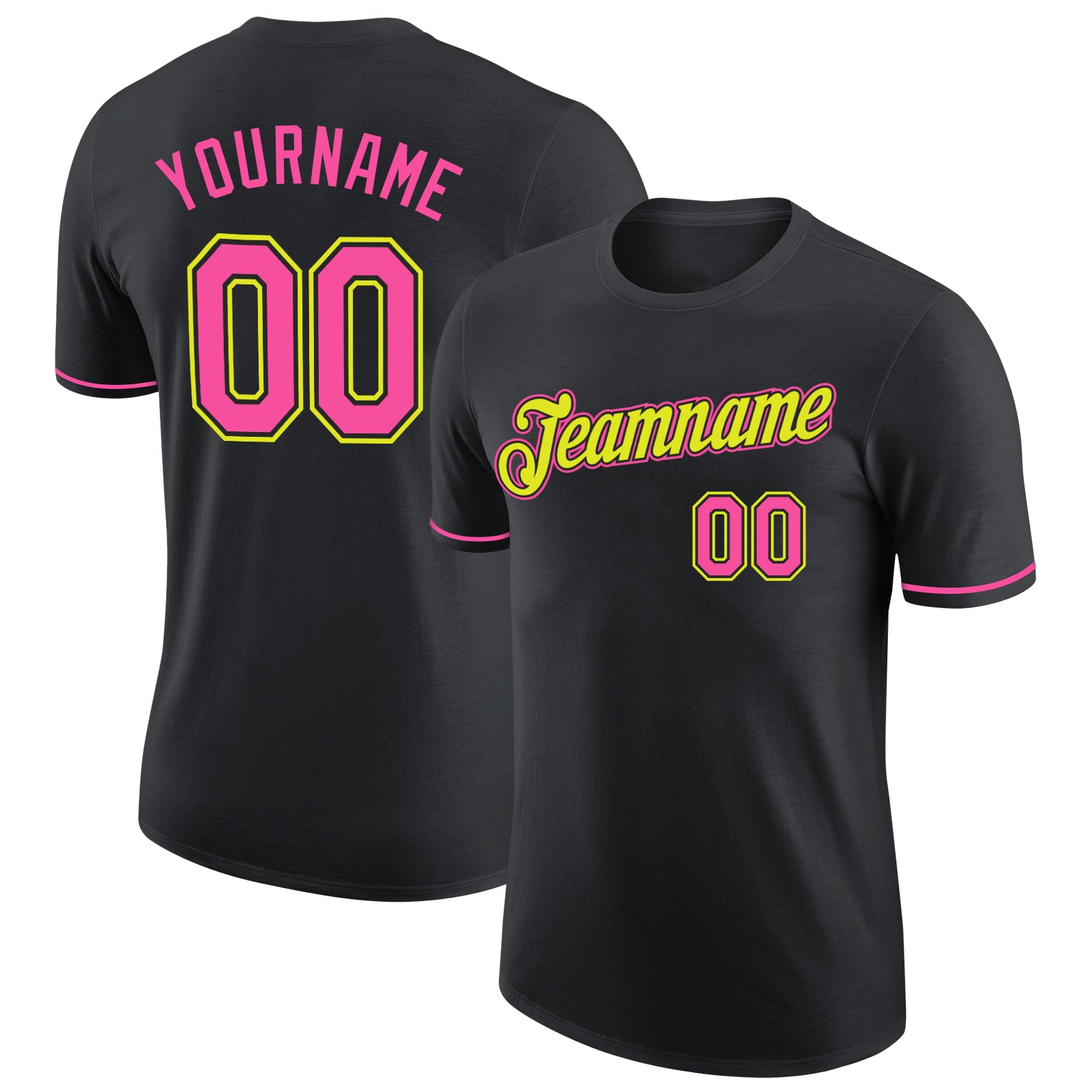 Custom Team Name and Number Performance T-Shirt in Black and Pink Neon Yellow Personalized Black Pink-Neon Yellow Performance