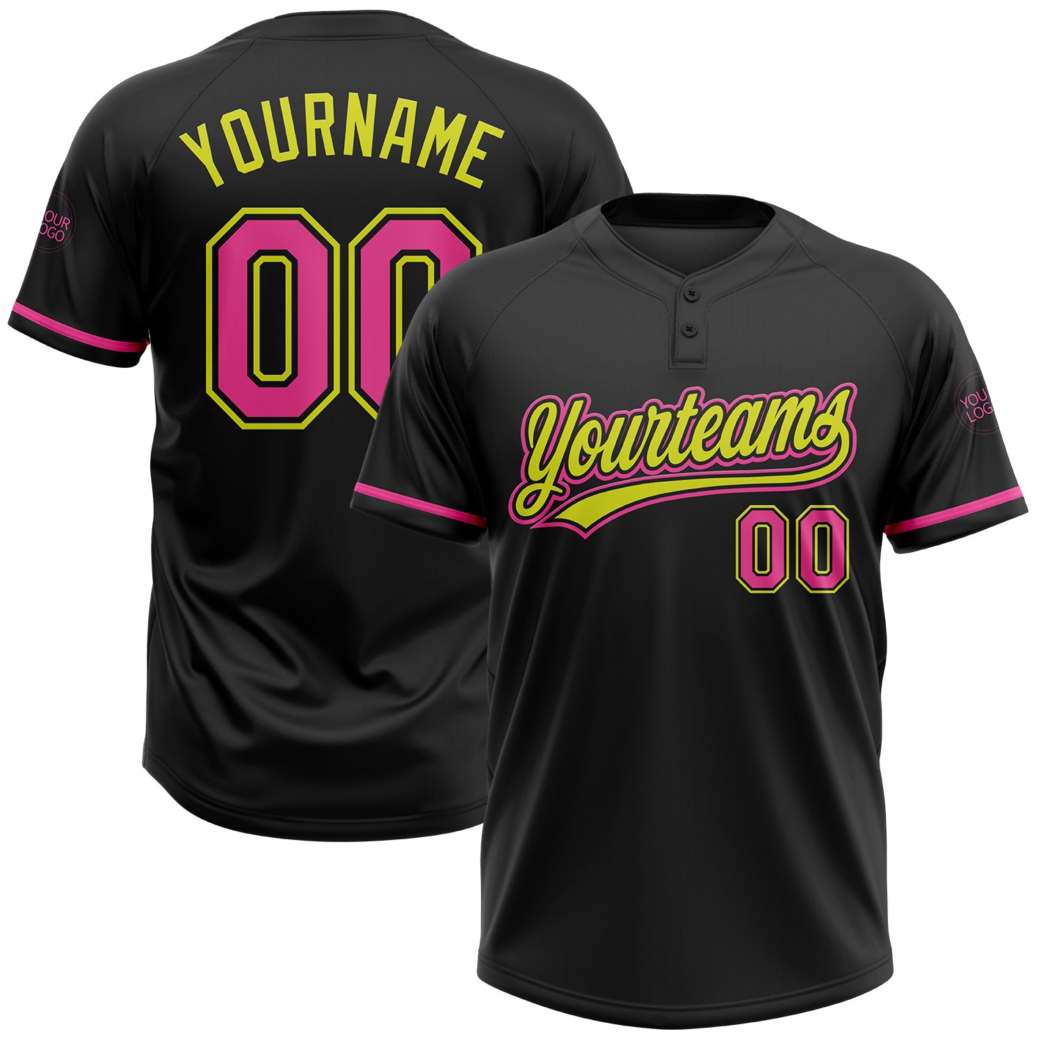 Personalized Black Pink Neon Yellow Unisex Softball Jersey Two-Button Personalized Black Pink-Neon Yellow Two-Button Unisex
