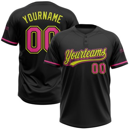 Custom Black Pink Neon Yellow Two-Button Unisex Softball Jersey with Personalized Name and Number Personalized Black Pink-Neon