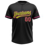 Custom Black Pink Neon Yellow Two-Button Unisex Softball Jersey with Personalized Name and Number Personalized Black Pink-Neon