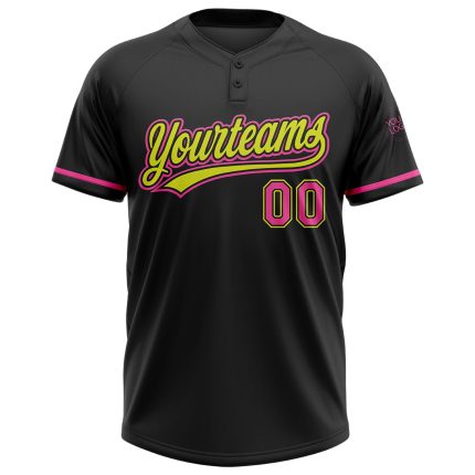 Custom Black Pink Neon Yellow Two-Button Unisex Softball Jersey with Personalized Name and Number Personalized Black Pink-Neon