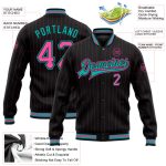 Custom Name Number Pink Pinstripe Aqua Bomber Full-Snap Varsity Jacket Personalized Team Apparel Personalized Black Pink